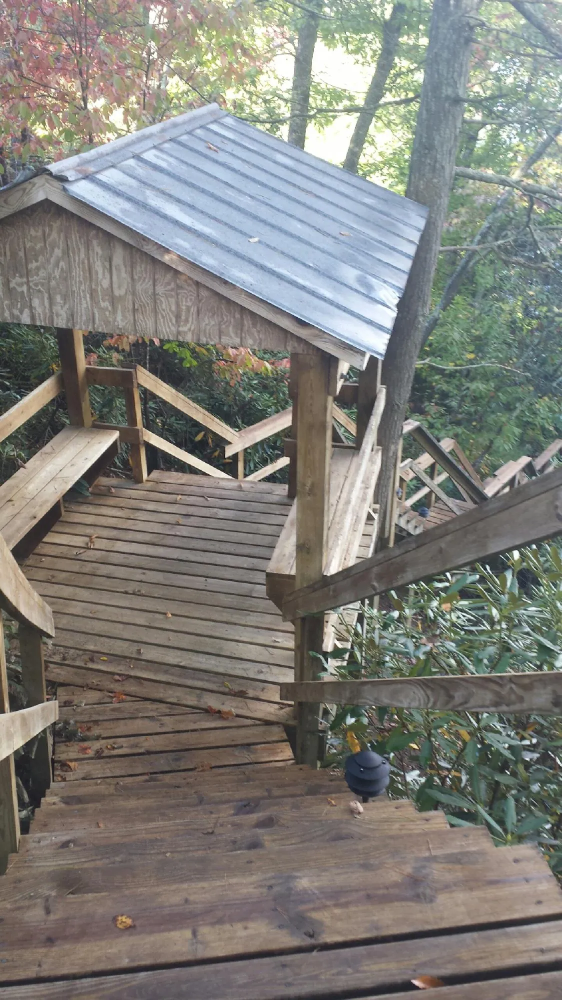 Metal roofed shelter over wooden steps on a wooded walkway — Skylight Repair & Installation work by our crew in Galesville